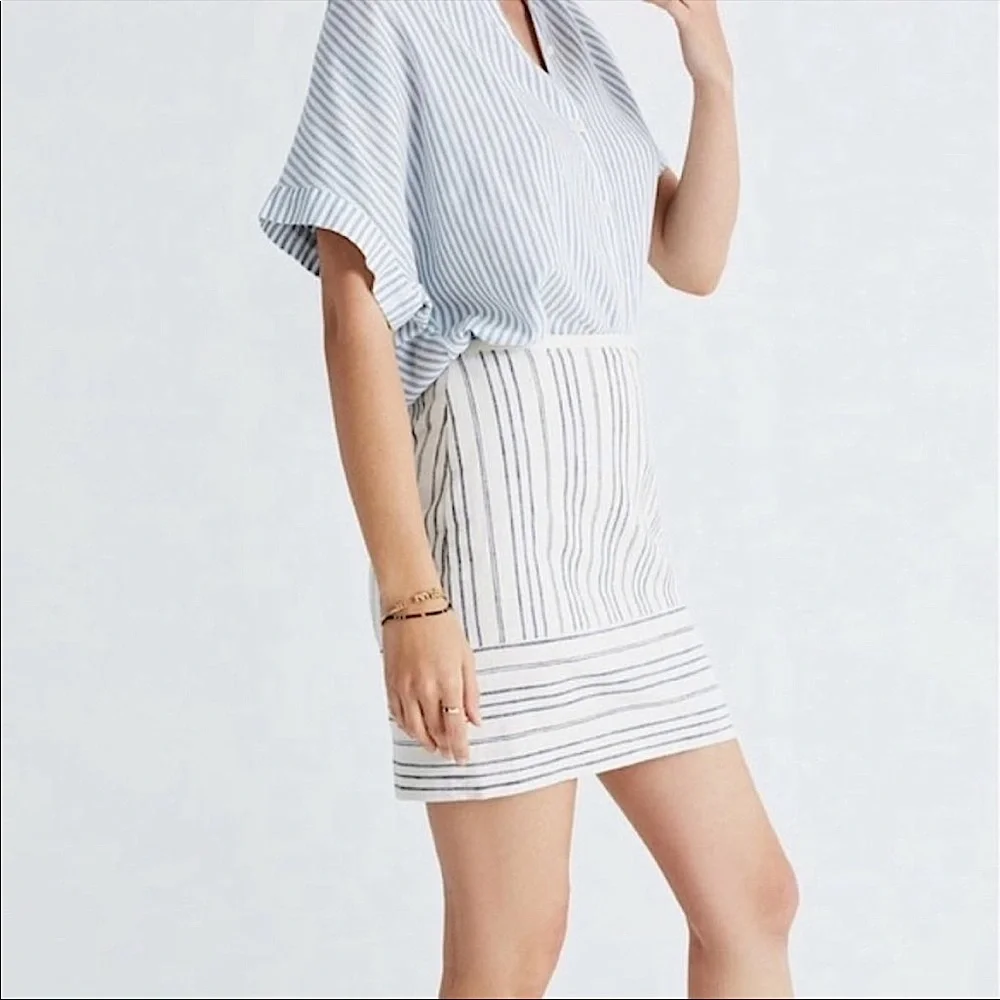 NWOT MADEWELL linen striped cream gray mini skirt lined size 00 new without tags